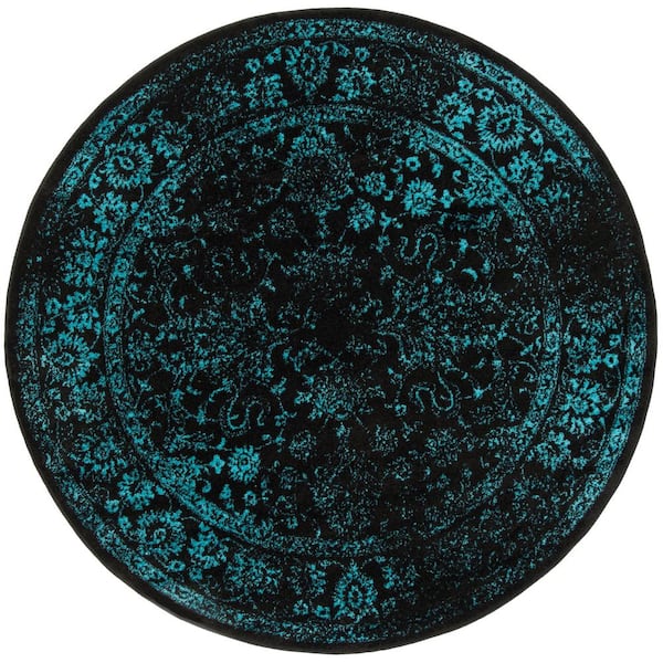 Adirondack Black/Teal 10 ft. x 10 ft. Border Distressed Round Area Rug