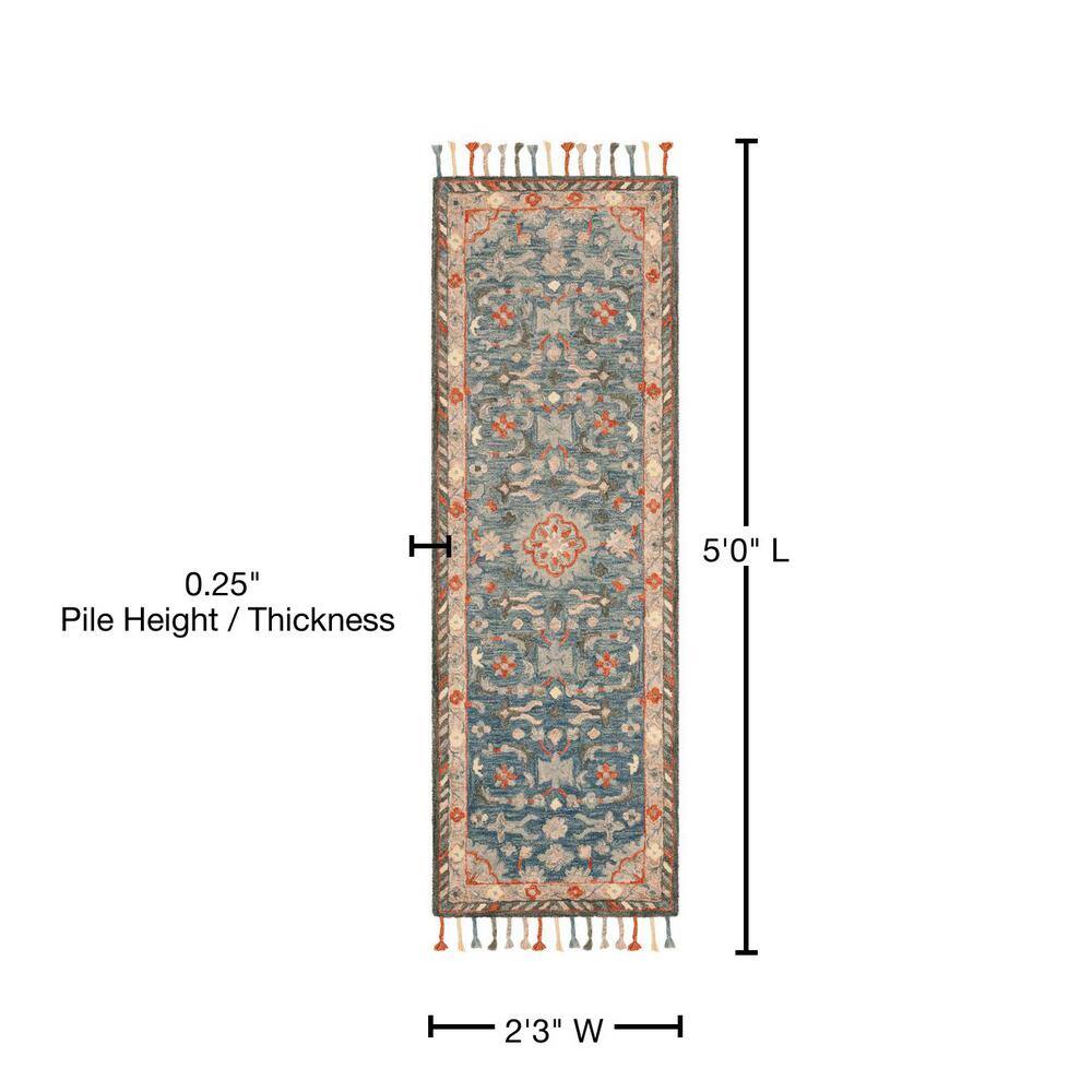 Handmade Rustic-Chic Blue Floral Wool Runner Rug - 27in x 5in