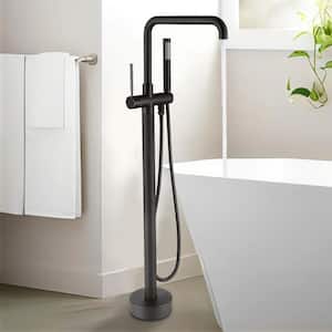 Single-Handle Freestanding Floor Mount Tub Filler Faucet with Hand Shower and Swivel Spout in Matt Black