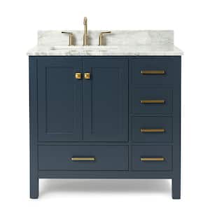 Cambridge 37 in. W x 22 in. D x 35.25 in. H Vanity in Midnight Blue with White Marble Vanity Top with Basin