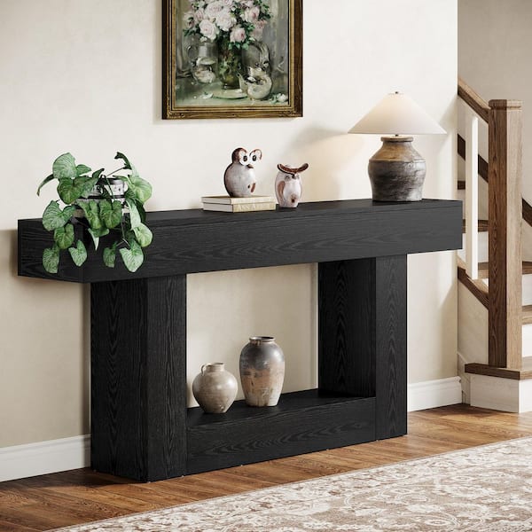 BYBLIGHT 63 in. Black Rectangle Wood Console Table, Farmhouse 2