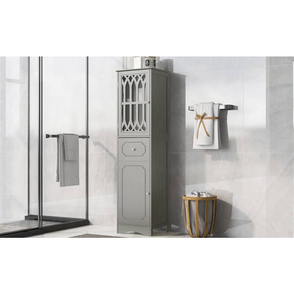 16.5 in. W x 14 in. D x 64 in. H Gray Wood Linen Cabinet with Adjustable Sh