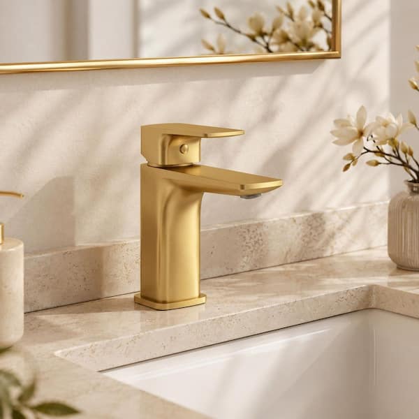 Single Handle Sink Faucet Modern Bathroom Single Hole Faucet with Pop-Up Drain in Brushed Gold