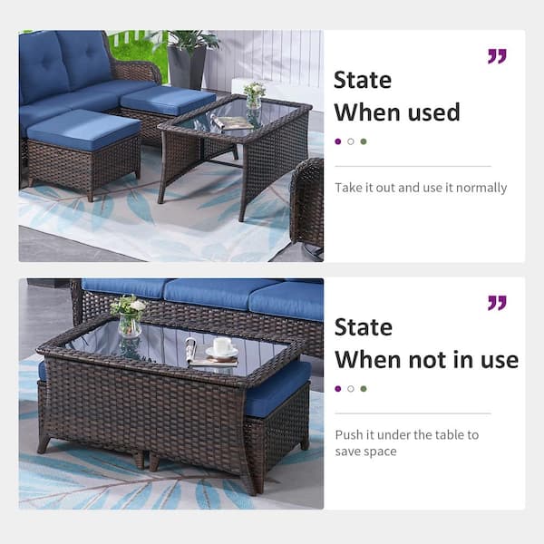 Brown 7-Piece Wicker Patio Conversation Set with Swivel Rockers, Outdoor Sofa Seating Set with Olefin Navy Blue Cushions