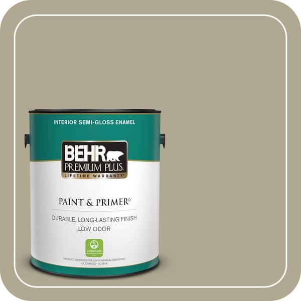 BEHR PREMIUM PLUS 1 gal. #BXC-22 Field Khaki Semi-Gloss Enamel Low Odor Interior Paint & Primer