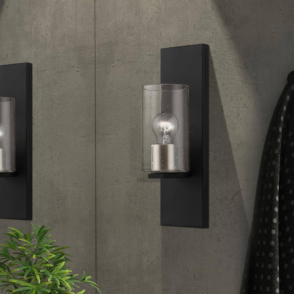 Black and Brushed Nickel 1-Light Sconce with Clear Seeded Glass