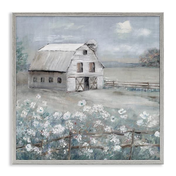 Stupell Industries Traditional Barn & Meadow by Sally Swatland Gray Framed Nature Giclee Art Print 12 in. x 12 in.
