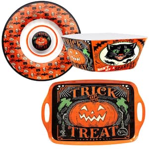 Scaredy Cat 3-Piece Heavy Weight Multicolored Melamine 19.25 in. Platter, 11 in. Bowl, 14.25 Chip and Dip Hostess Set