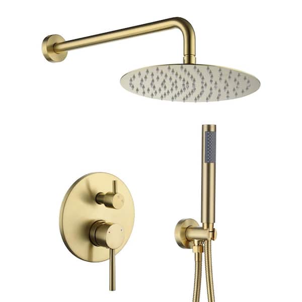 1-Spray Pattern Round 10 in. Rain Dual Shower Head Wall Mount Fixed and Handheld Shower Head 1.5 GPM in Brushed Gold