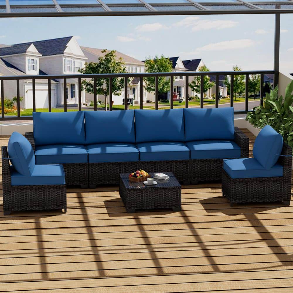 7-Piece Dark Brown Wicker Outdoor Sectional Set with Peacock Blue
