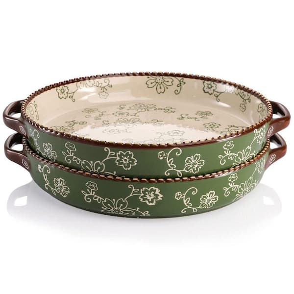 2 Piece Round Ceramic Baking Dish Set Porcelain Pie Pan with Double Handle Gear Edge Sakura Pattern Green