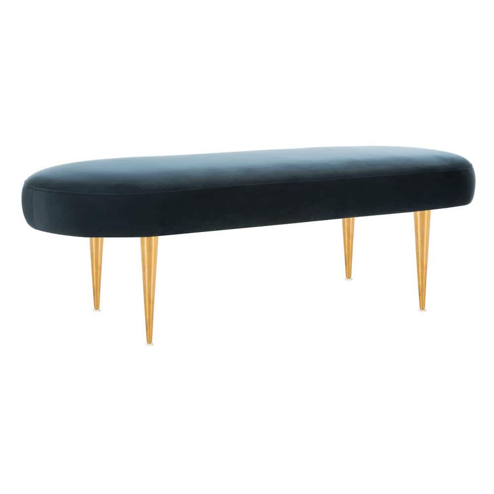 Elegant Black Velvet 48" Transitional Oval Bench with Gold Legs