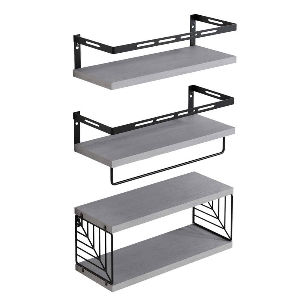 3-Piece 15.8 in. x 3 in. x 5.9 in. Wood Rectangular Bathroom Shelf in Gray with Towel Bar, Floating Shelves price history on PriceWatchPro
