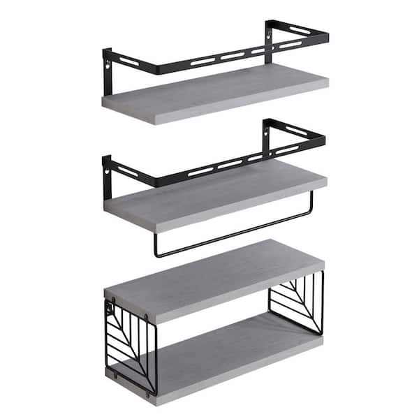 3-Piece 15.8 in. x 3 in. x 5.9 in. Wood Rectangular Bathroom Shelf in Gray with Towel Bar, Floating Shelves