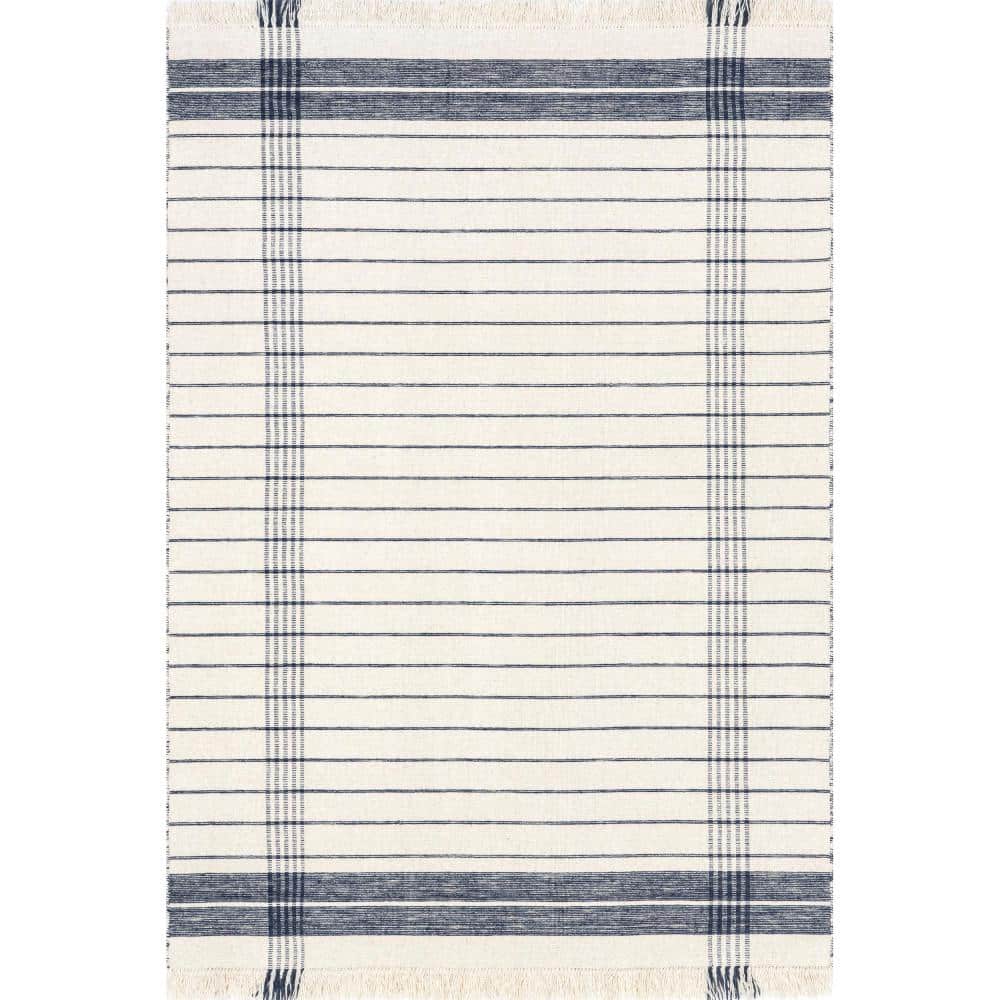 Ivory and Blue Striped Wool Fringe Area Rug 2' x 3'