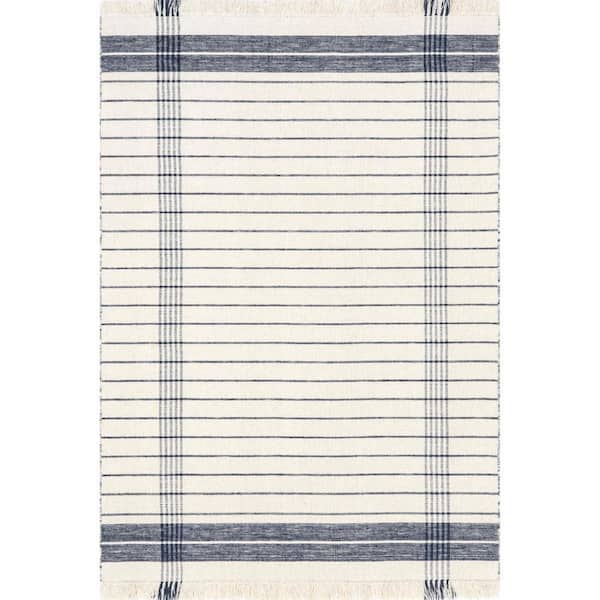 nuLOOM Celena Striped Wool Fringe Area Rug Ivory Doormat 2 ft. x 3 ft.  Accent Rug