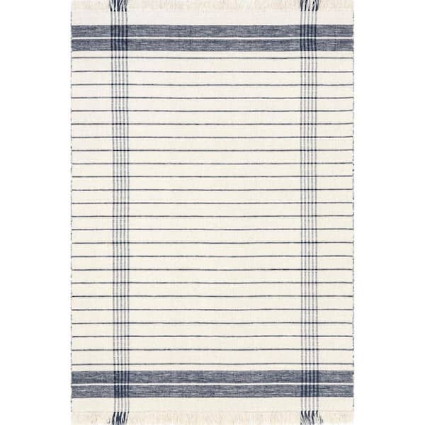 Celena Striped Wool Fringe Area Rug Ivory Doormat 2 ft. x 3 ft.  Accent Rug