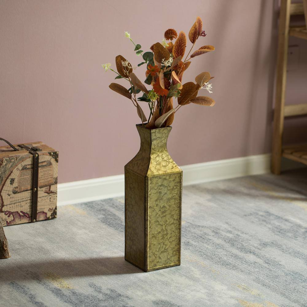 Antique Gold Textured Metal Bottle Shape Floor Vase, Small