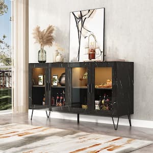Black Marble Wood Grain 55.2 in. W Sideboard With Bluetooth LED Lights, Tempered Glass Doors, Adjustable Shelves