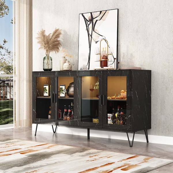 FUFU&GAGA Black Marble Wood Grain 55.2 in. W Sideboard With Bluetooth LED Lights, Tempered Glass Doors, Adjustable Shelves