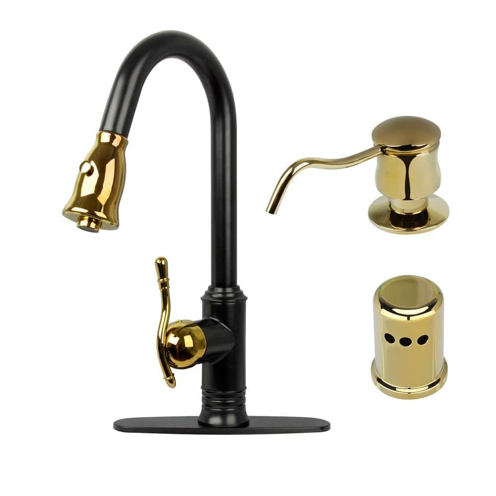 Akicon Two Tone Single Handle Deck Mount Pull Down Sprayer Kitchen   Black And Gold With Soap Dispenser Pull Down Kitchen Faucets Ak96415blzg Sda 64 1000 