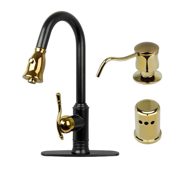 Akicon Two Tone Single Handle Deck Mount Pull Down Sprayer Kitchen Faucet with Deckplate and Soap Dispenser and Air Gap Cap
