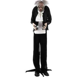 5 ft. Animatronic Moaning Butler Halloween Prop, Silver Candy Tray, Indoor/Covered Outdoors, Battery-Op, Rotates Head