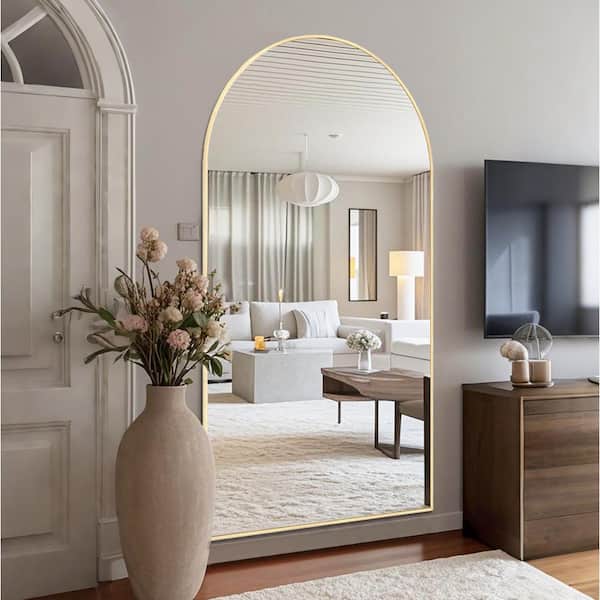 32 in. W x 71 in. H Oversized Aluminum Alloy Arch Full Length Gold Wall Mounted Standing Mirror Floor Mirror
