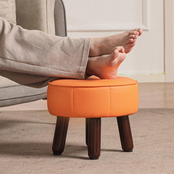 Orange Faux Leather Upholstered Round Small Pouf Ottoman Footstool