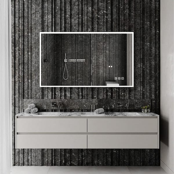 Unbranded 60 in. W x 35 in. H Large Rectangular Frameless Wall-Mount Anti-Fog LED Light Bathroom Vanity Mirror