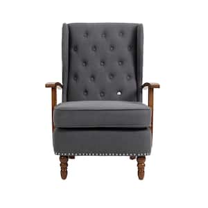 Modern Dark Gray Linen Tufted Wingback Accent Chair with Wood Legs