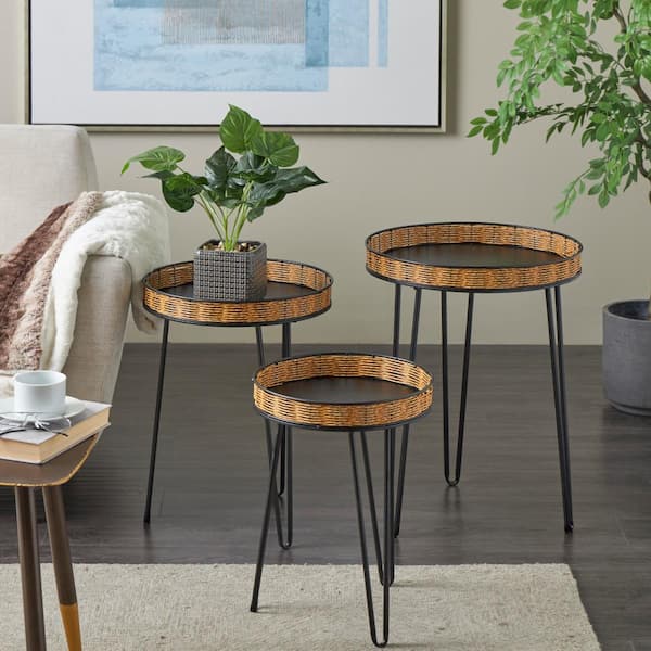 Litton Lane 18 in. Black Handmade Round Metal Coffee Table with Rattan Edges Tabletops (3-Pieces)