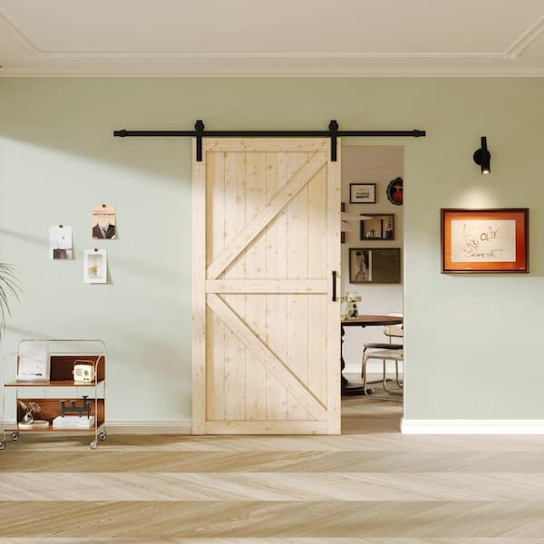 42 in. x 84 in. Paneled K Shape Solid Core Pine Unfinished Wood Sliding Barn Door with Hardware Kit
