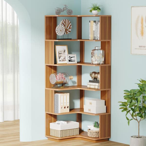 65 in. Tall Walnut Color Engineered Wood 6-Shelf Corner Bookcase, Open Bookshelf Display Shelf with Anti-Drop Panel