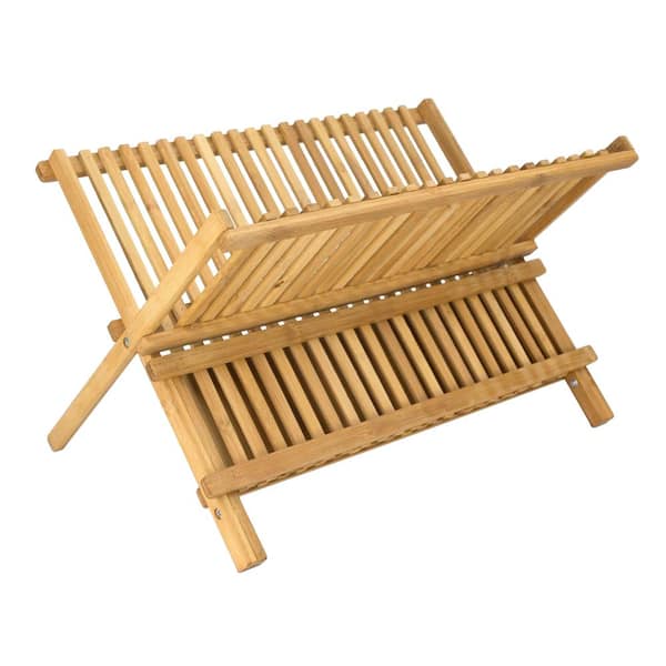 Folding Bamboo Dish Drying Rack - Wooden Kitchen Dish Rack Plate Holder