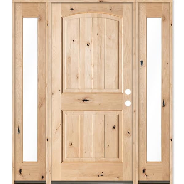 60 in. x 80 in. Knotty Alder Arch Top Left-Hand/Inswing Clear Glass Unfinished Wood Prehung Front Door with DFSL