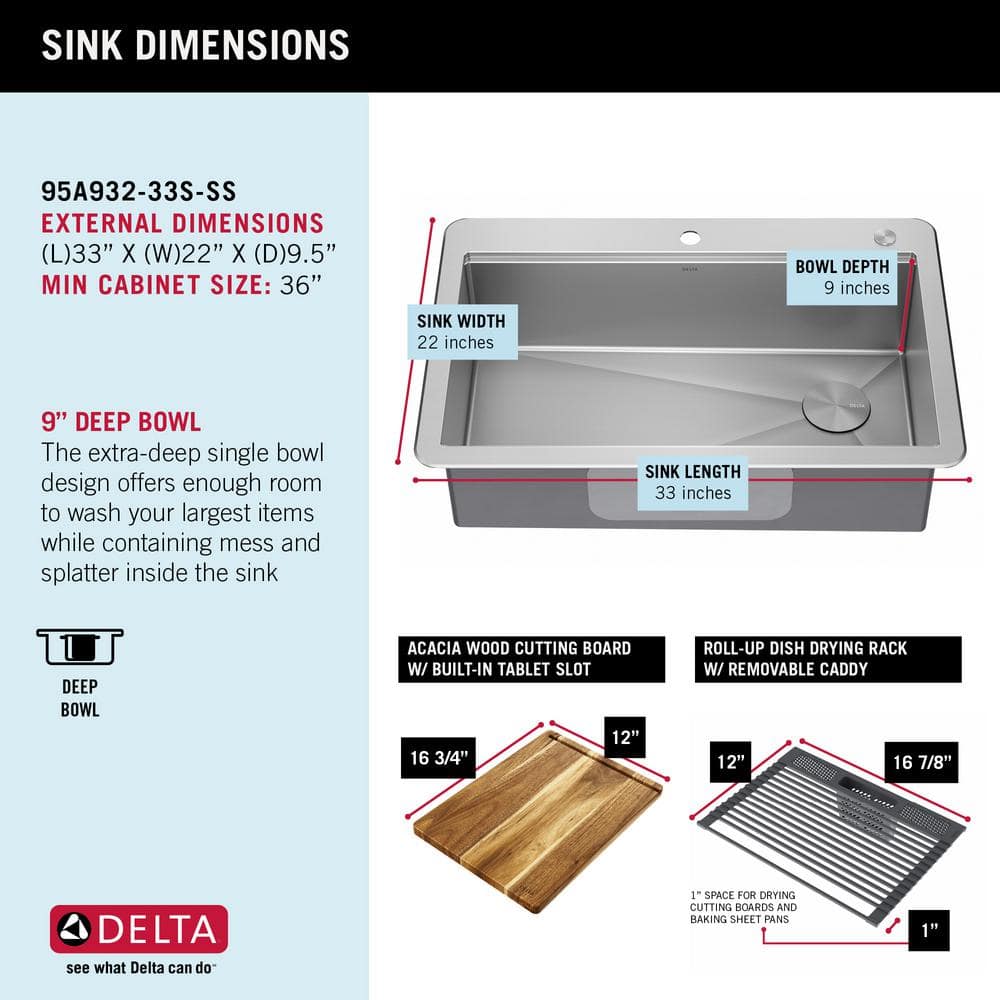 Delta Lorelai 33" Stainless Steel Workstation Kitchen Sink with Accessories