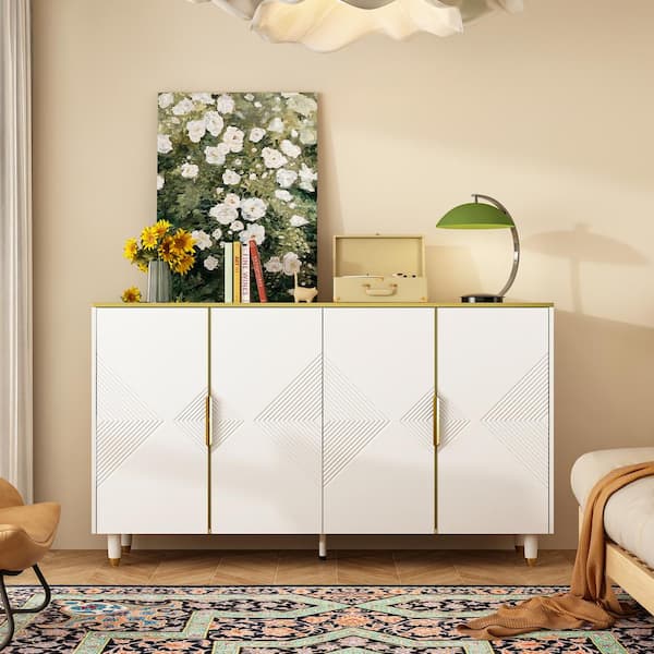 FUFU&GAGA 63 in. W White Wood 4-Doors Storage Cabinet Cupboard with ...