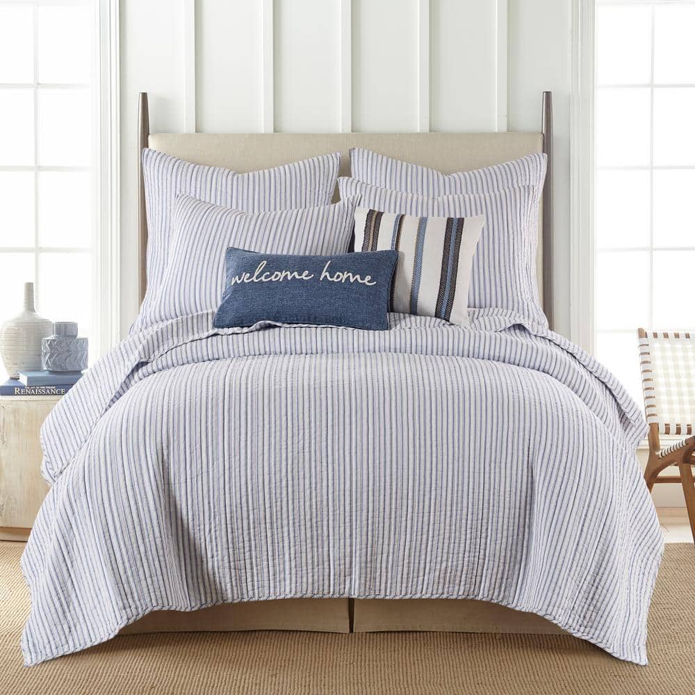 Tobago Stripe Blue Cotton Twin Reversible Quilt Set