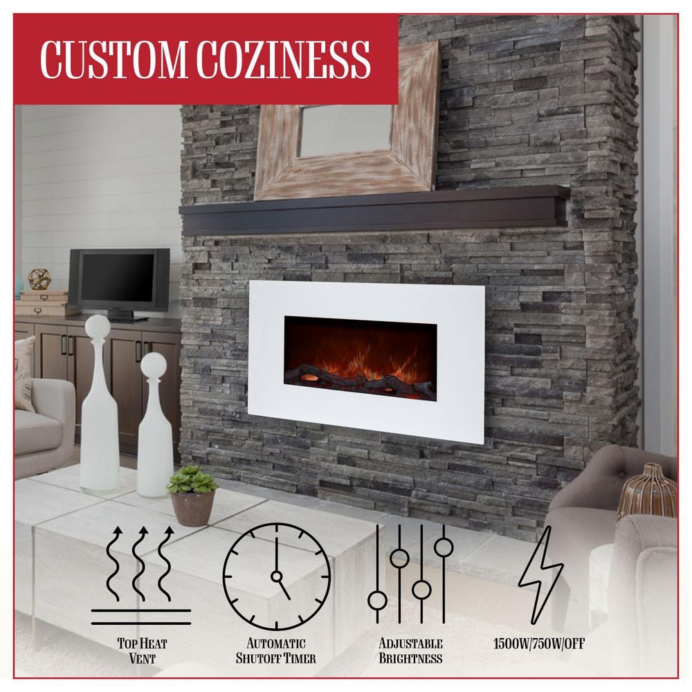 36-Inch White Wall-Mounted Electric Fireplace with LED Flames