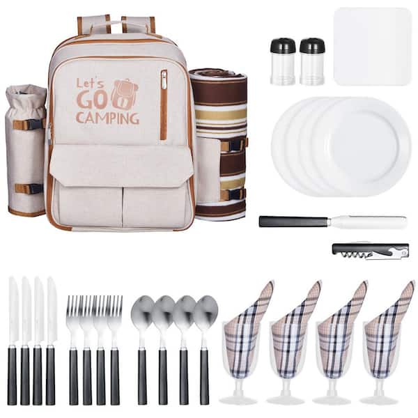 Picnic Backpack with Cooler, Wine Holder, Blanket, Plates & Cutlery for 4 People, 21.14 qt. Soft-Side Cooler in Beige