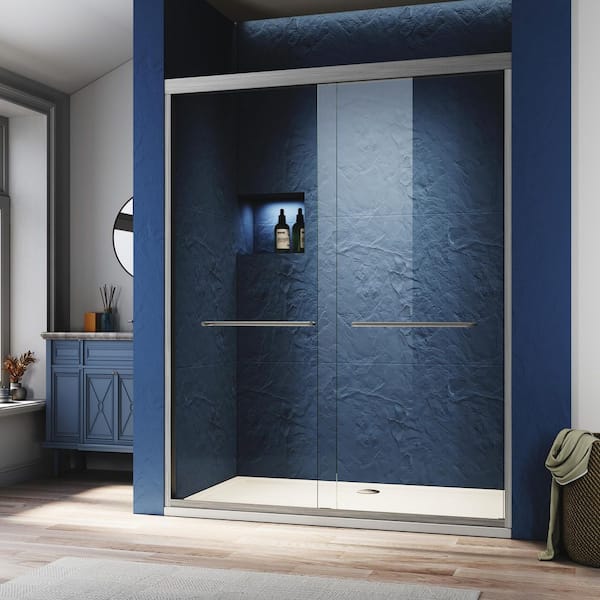 48 in. W x 72 in. H Sliding Semi Frameless Shower Door in Brushed Nickel Finish with Clear Glass, Stainless Steel Handle