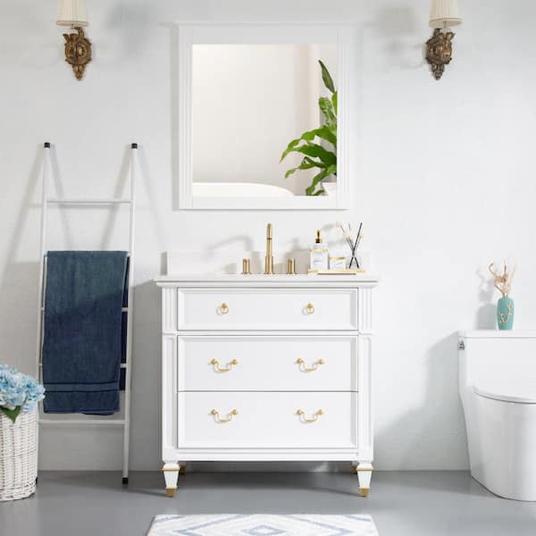 32 in. W x 33 in. H Rectangular Wood Framed Wall Bathroom Vanity Mirror in White, Vertical Hanging, Solid Wood