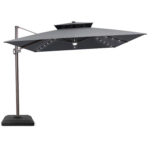 Crestlive Products 11 ft. x 11 ft. LED Square Swivel Double Top Cantilever Patio Umbrella in Dark Gray with 220 lbs. HDPE Base