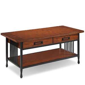 Ironcraft 46 in. L x 22 in. D Burnished Mission Oak and Matte Black Rectangle Wood Coffee Table with 2-Dwr and Shelf