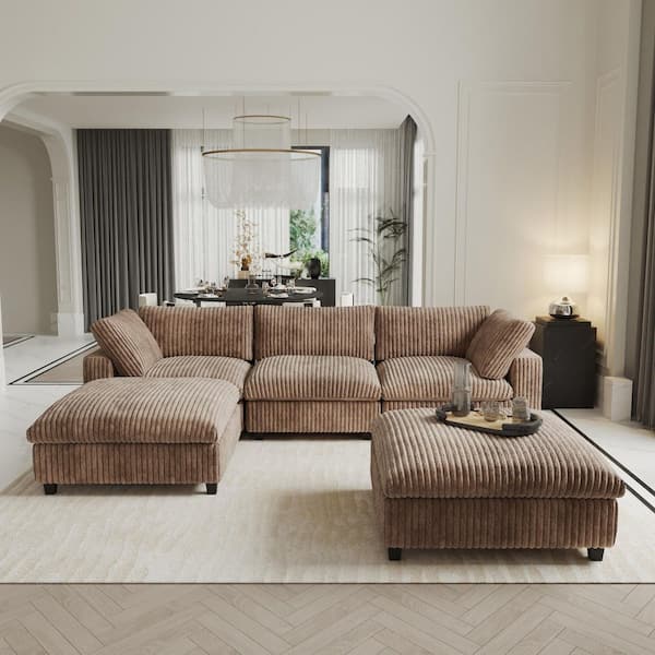 118 in. Square Arm Faux Rabbit Fur Velvet U-Shaped Modular Sofa Lawson Cloud Couch with Ottomans for Apartment in. Brown