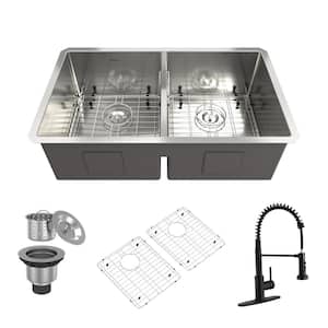 32 in. Undermount Double Bowl Stainless Steel Kitchen Sink with Faucet, Bottom Grid, Drain, Drain Cap, Strainer Basket