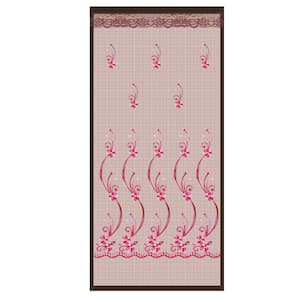 35 in. x 83 in. Brown Plastic Magnetic Screen Door with Red Flower Pattern Whole Piece Double Slide