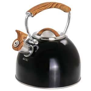 2-Quart 8-Cup Black Stainless Steel Whistling Tea Kettle with Wood Pattern Handle