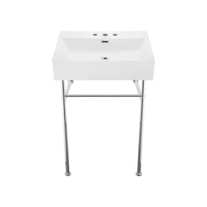Claire Ceramic White Console Sink With 24 in. W and Chrome Legs and 8" Widespread Faucet Holes